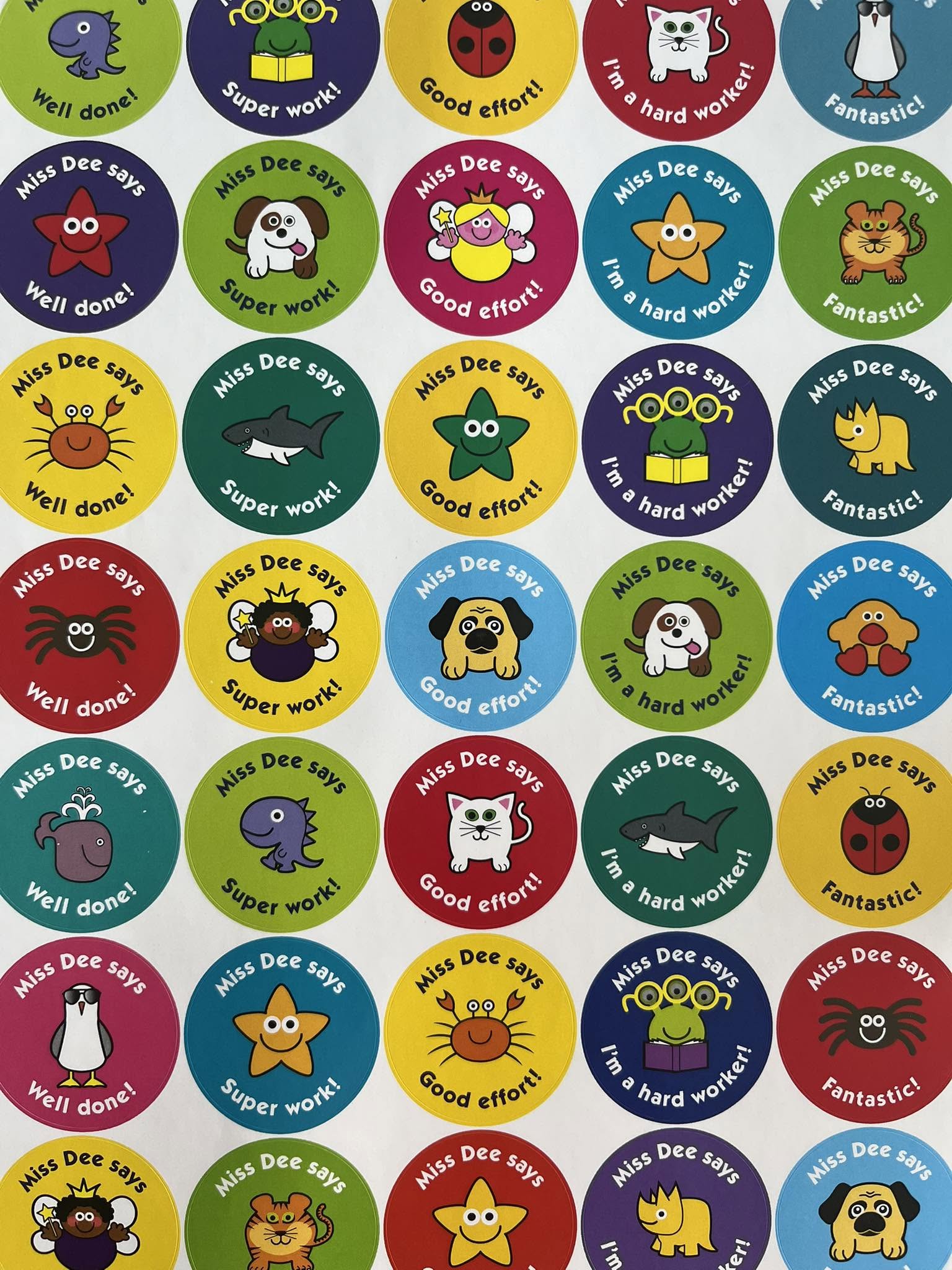 Reward sticker sheet with Miss Dee branding